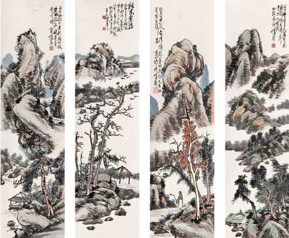 蒲华 1903年作 山水 四屏